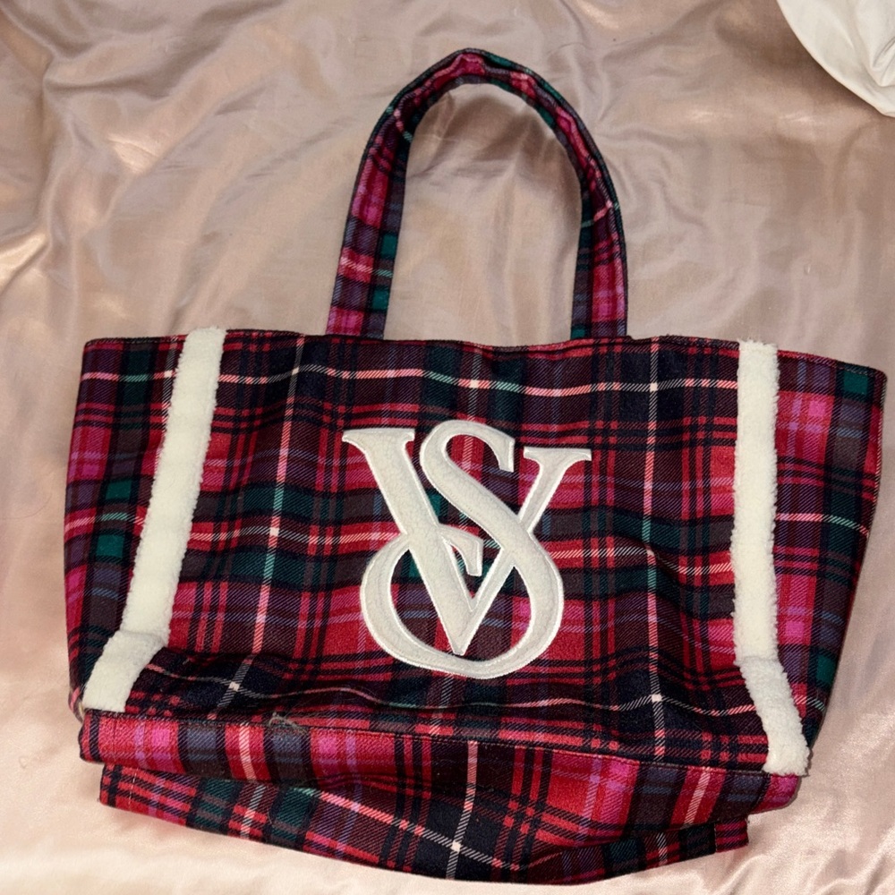 Victoria's Secret Red Plaid Tote with White Sherpa Trim